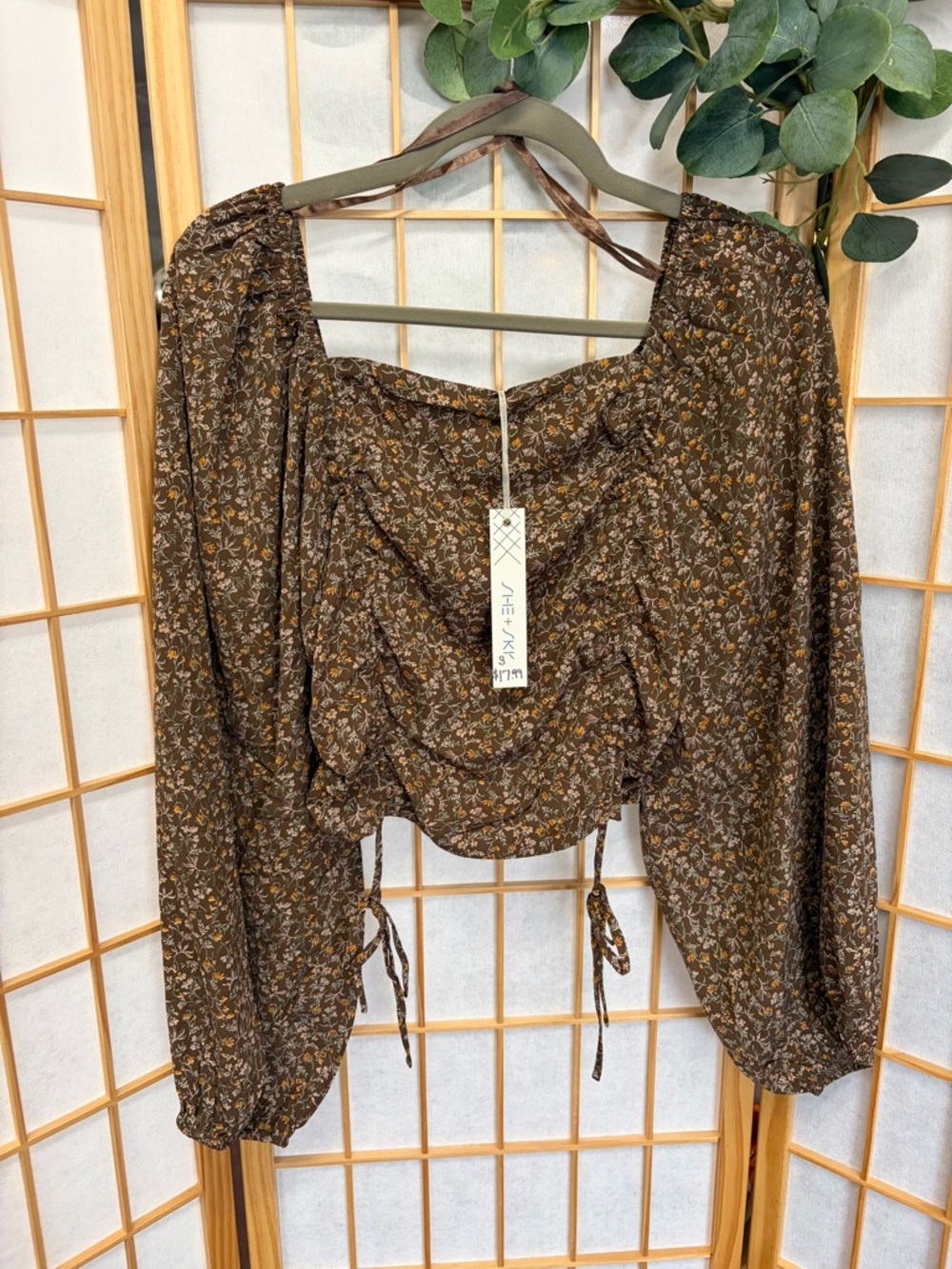 She and Sky Brown Floral Ruched Long-Sleeve Crop Blouse